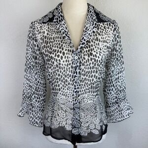 Nicola Sheer Button Up Top‎ Black White Animal Print Floral Ruffle Sleeve Blouse
